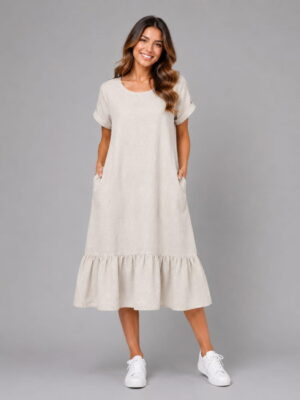 Rochie midi din in cu funda pe spate si volan amplu din batist