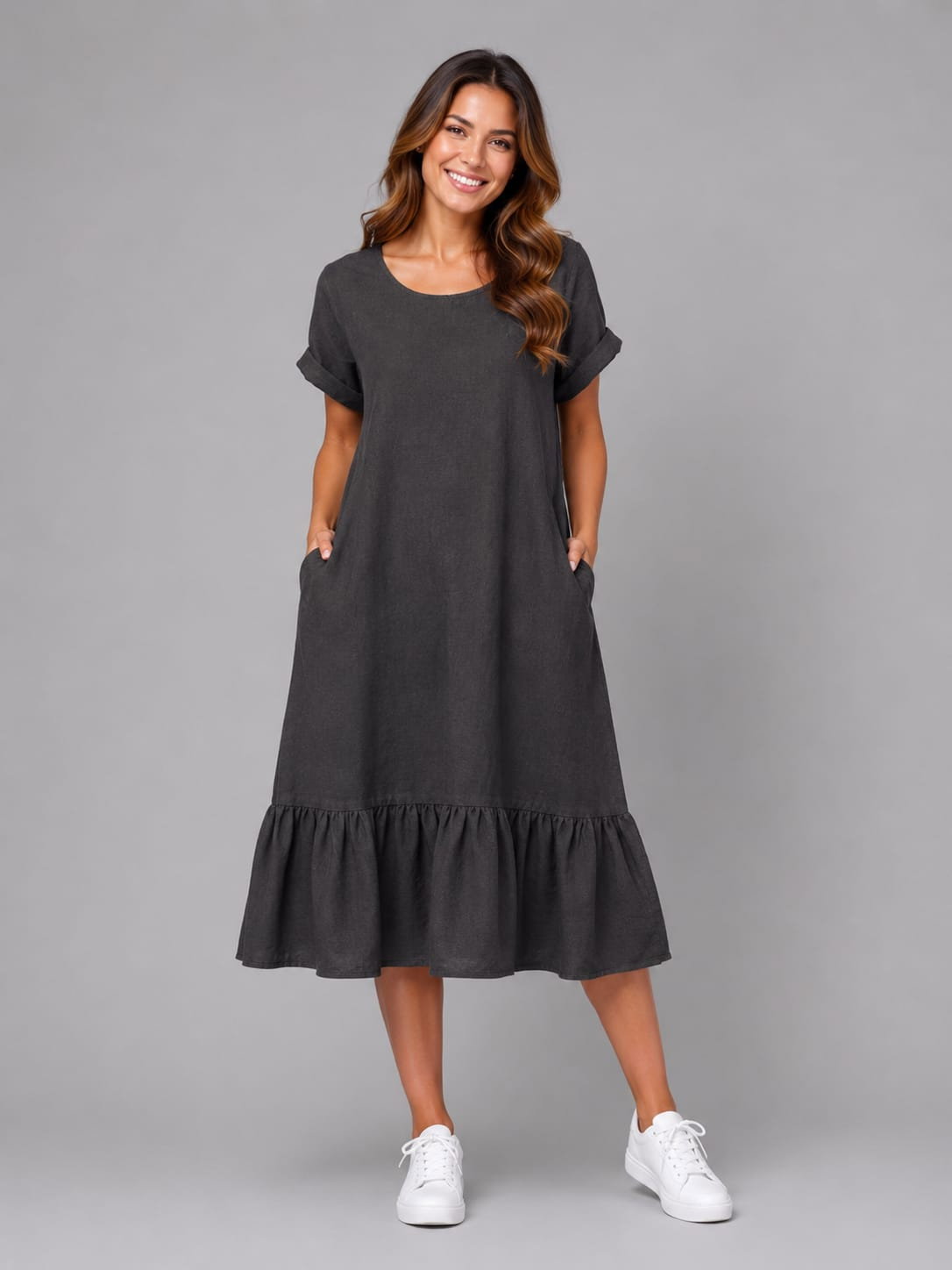 Rochie midi din in cu funda pe spate si volan amplu din batist