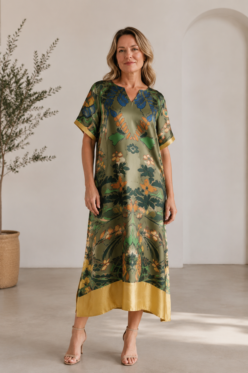 Rochie midi din vascoza satinata cu imprimeu artistic