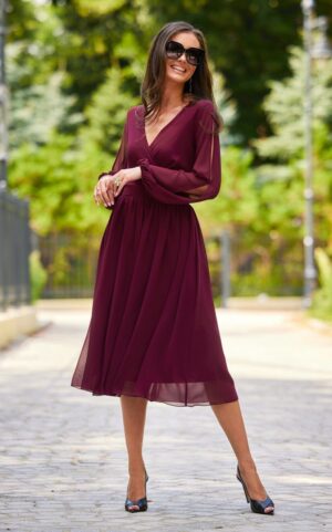 Rochie midi din voal burgundy vaporoasa cu maneca lunga Melen