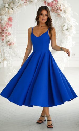 Rochie midi in clos albastra cu umerii goi vaporoasa Fabiola