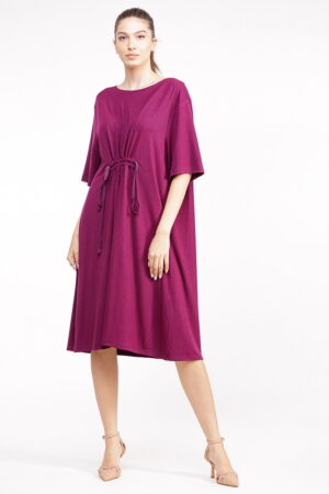Rochie bordo din vascoza cu snur in talie