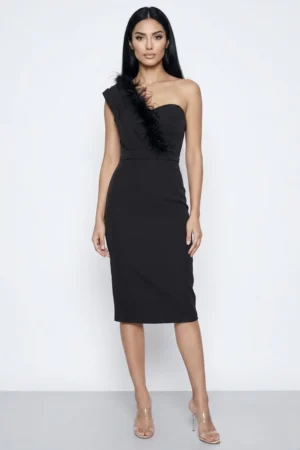 Rochie eleganta neagra conica accesorizata cu pene