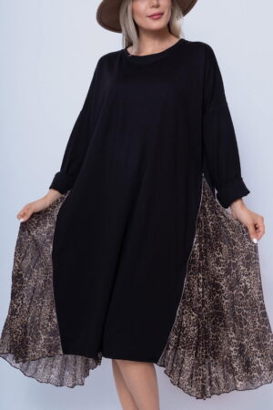 Rochie neagra midi in colturi cu laterale din voal plisat animal print si fermoare metalice argintii
