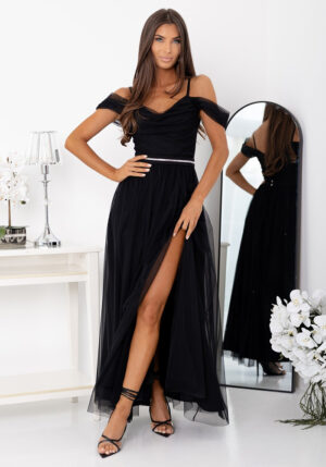 Rochie neagra eleganta lunga din tulle cu umerii goi vaporoasa KiaraW