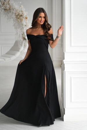 Rochie neagra lunga cu glitter vaporoasa cu umerii goi Moonlit