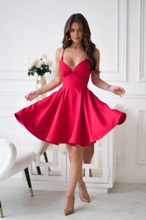 Rochie rosie baby doll scurta din brocard cu bust tip corset Rosalynn