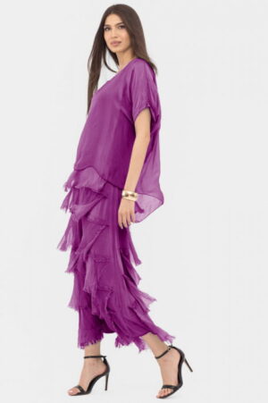 Rochie magenta din matase si vascoza cu volane franjurate suprapuse