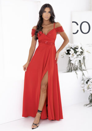 Rochie rosie eleganta lunga cu umeri goi si paiete Valentina2