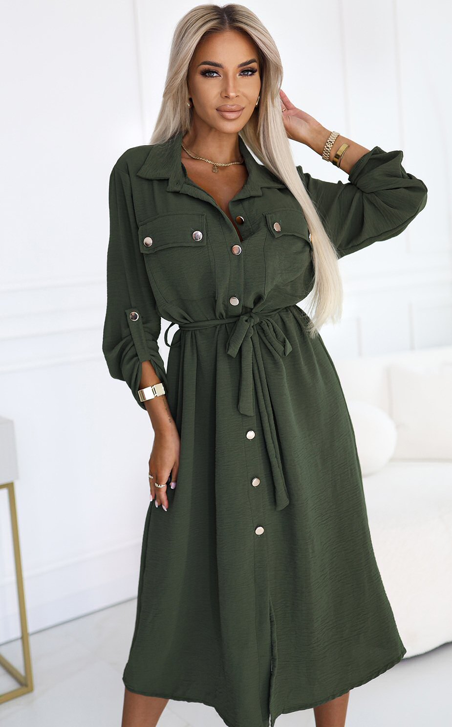 Rochie tip camasa kaki midi cu maneca lunga Asiyah