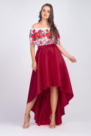 Rochie midi cu motive traditionale din tafta burgundy cu maci Byanca