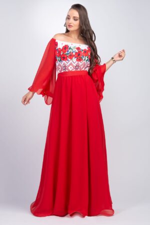 Rochie lunga rosie cu motive traditionale cu maci din voal vaporoasa Salomeea