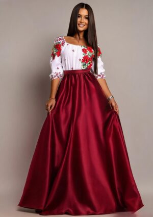 Rochie traditionala lunga tafta burgundy cu maci rosii Anna