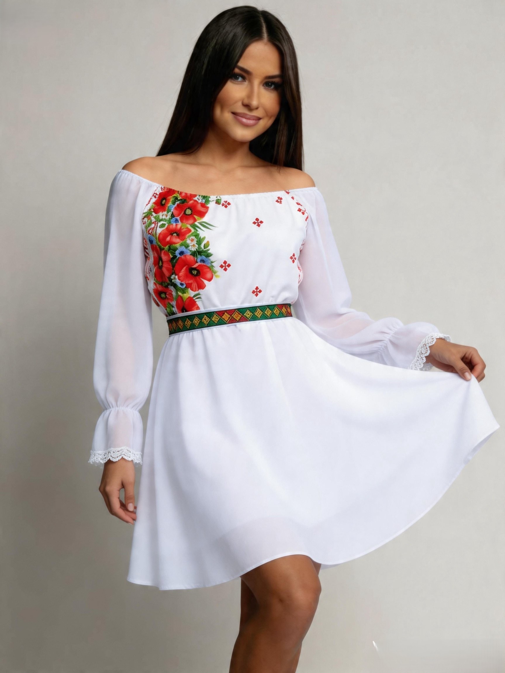 Rochie scurta alba cu maci cu motive traditionale din voal Loredana
