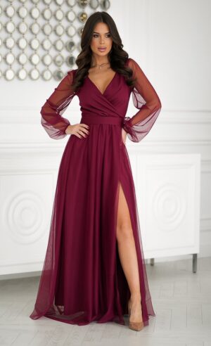Rochie vaporoasa lunga burgundy din tulle cu maneca lunga SplendorB