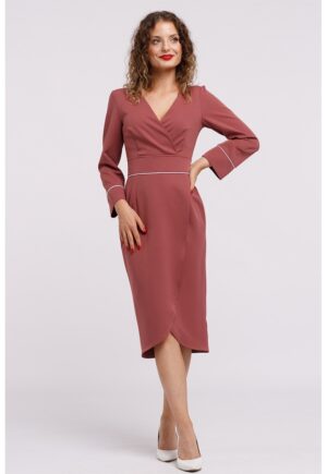 Rochie midi petrecuta cu decolteu in V - Roz inchis