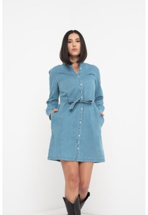 Rochie din material chambray cu cordon in talie - Albastru deschis