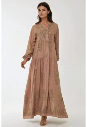 Rochie maxi - viscon imprimat - guler camasa - maro - textil