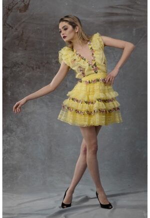 Rochie din tul cu detalii florale Lula - Galben