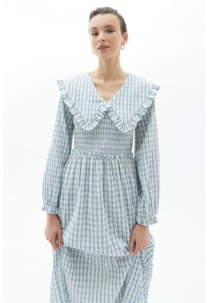 Rochie lunga cu model in carouri Papykpoti - Alb/Albastru deschis
