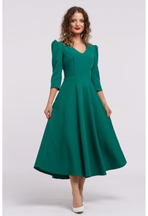 Rochie cu croiala in A si maneci bufante - Verde aquamarin