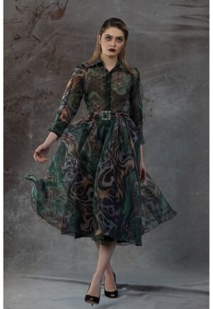 Rochie evazata cu imprimeu abstract Xela - Verde/Maro
