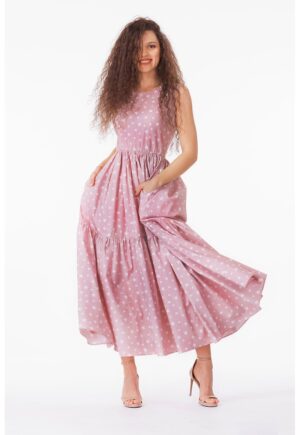 Rochie evazata fara maneci cu buzunare laterale - Alb/Roz prafuit