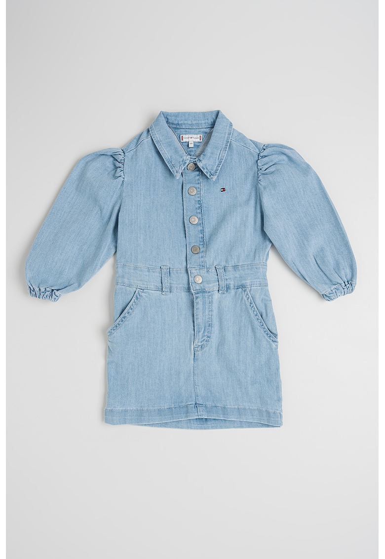 Rochie mini de denim cu maneci bufante - Albastru prafuit