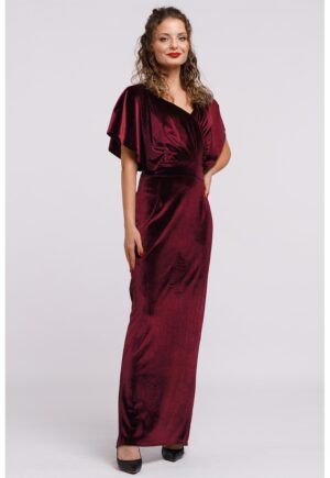 Rochie maxi catifelata cu decolteu in V - Visiniu