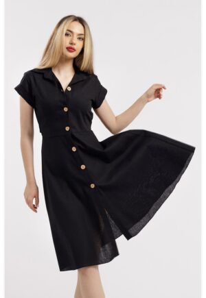 Rochie-camasa evazata din in - Negru