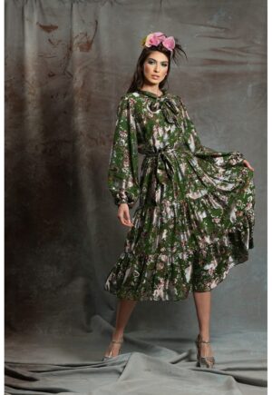Rochie din amestec de matase cu imprimeu si funda din panglici Eze - Verde