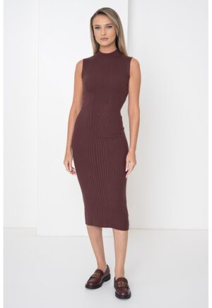 Rochie cambrata din amestec de casmir si matase cu guler inalt - Maro inchis