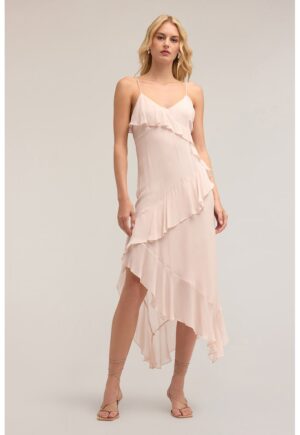 Rochie midi cu bretele inguste - Roz pal