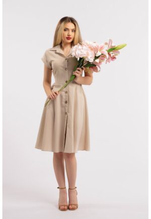 Rochie-camasa evazata din in - Bej