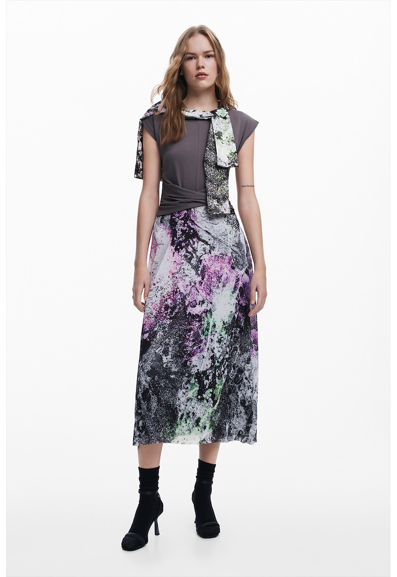 Rochie cu model 2 in 1 si maneci scurte - Violet/Verde inchis/Gri inchis