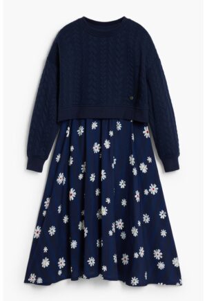 Rochie cu model floral 2 in 1 - Albastru indigo
