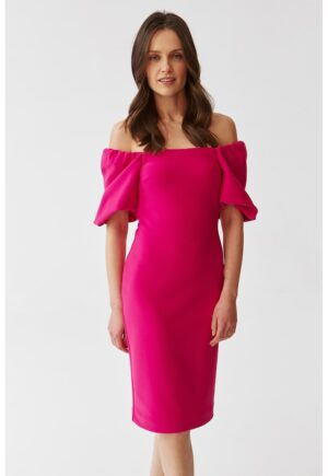 Rochie cu croiala creion si maneci bufante - Roz aprins