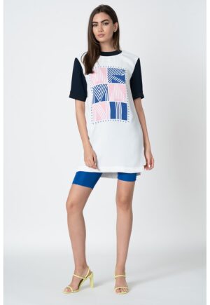 Rochie tip tricou cu imprimeu logo contrastant - Alb/Roz/Bleumarin