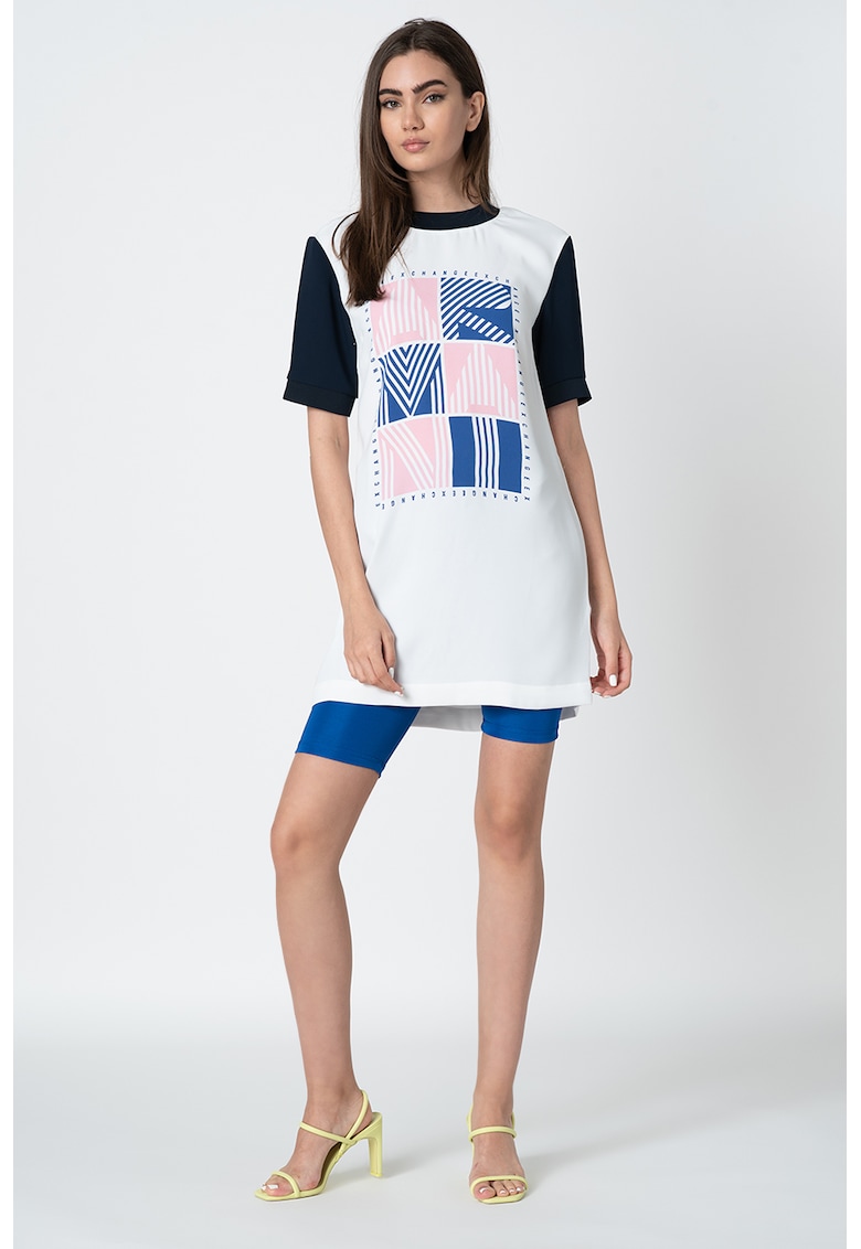 Rochie tip tricou cu imprimeu logo contrastant - Alb/Roz/Bleumarin