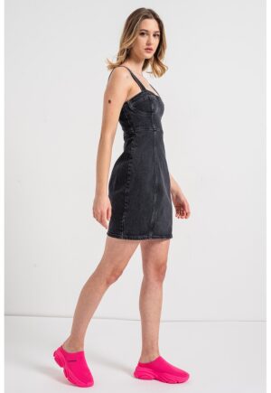 Rochie scurta din denim cu bretele - Gri antracit