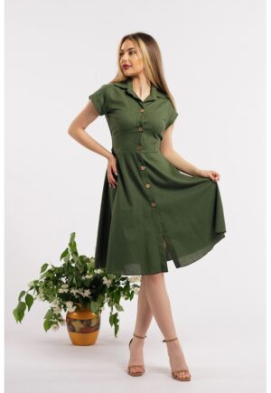 Rochie-camasa evazata din in - Kaki
