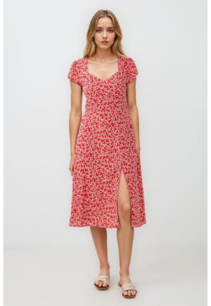 Rochie midi cu slit - Rosu/Alb fildes