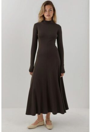 Rochie maxi - texturata - guler inalt - maro - bumbac