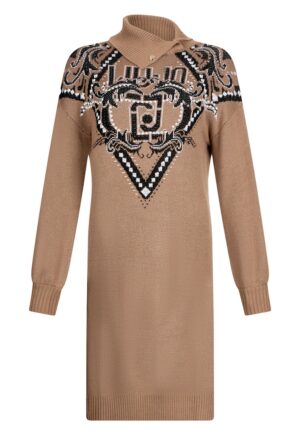Rochie din amestec de lana cu guler inalt - Maro