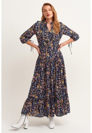 Rochie maxi cu garnituri cu volane si model - Maro/Violet/Albastru