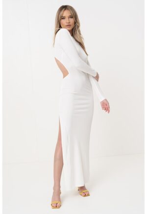 Rochie maxi cambrata cu slit lateral si decupaj pe spate - Alb murdar