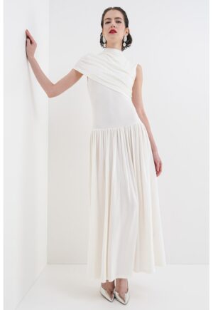 Rochie cu decolteu asimetric - Alb murdar