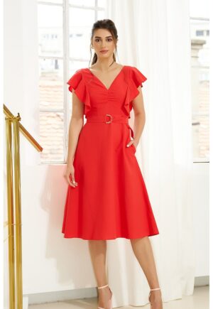Rochie din amestec de in cu decolteu in V Amaryllis - Rosu vermillion