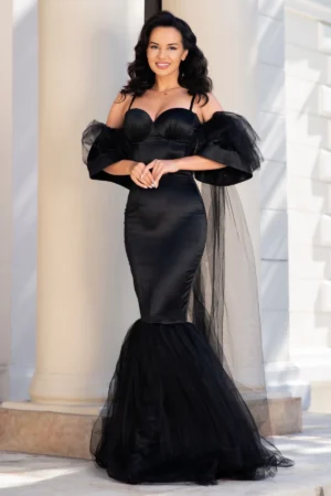 Rochie de seara tip sirena Kandia neagra cu maneci detasabile