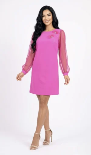 Rochie eleganta roz cu maneci din voal plisat